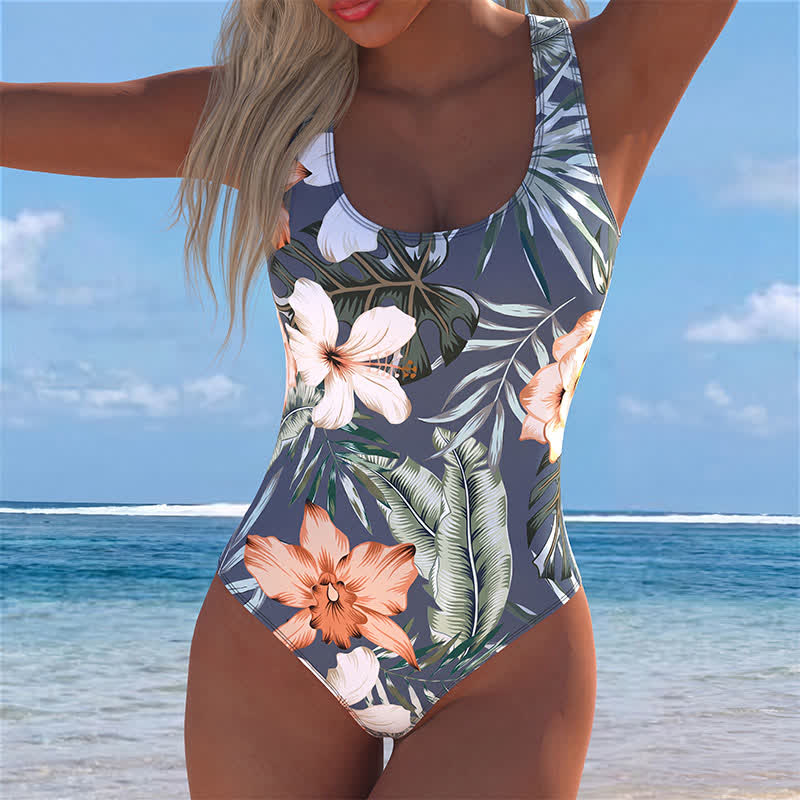 Maillot de bain une pièce à bretelles larges et imprimé floral tropical pour les vacances - Gris - 4XL - image 0