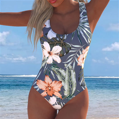 Maillot de bain une pièce à bretelles larges et imprimé floral tropical pour les vacances - Gris - 4XL - image 0