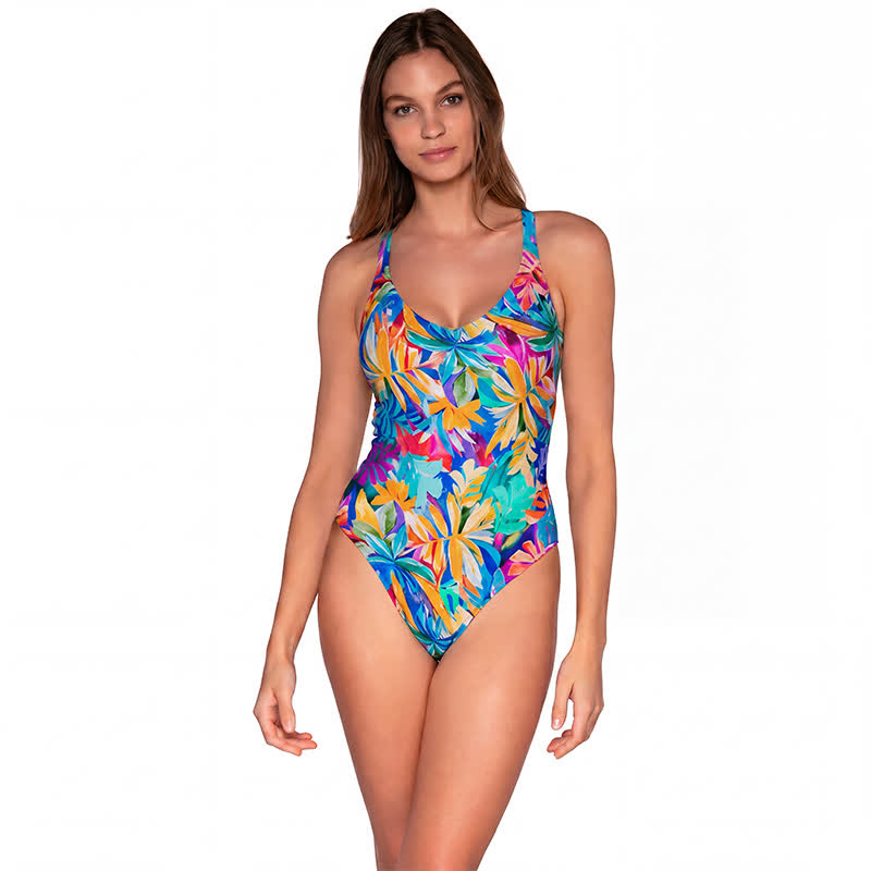 Maillot de bain une pièce à bretelles larges imprimé tigre et lapin multicolore - Bleu - 4XL - image 5