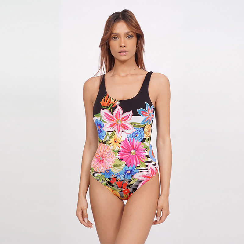 Maillot de bain une pièce à bretelles larges imprimé tigre et lapin multicolore - Noir - 4XL - image 2