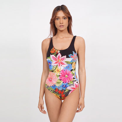 Maillot de bain une pièce à bretelles larges imprimé tigre et lapin multicolore - Noir - 4XL - image 2