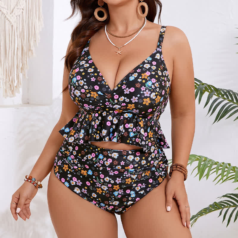 Ensemble tankini péplum à fleurs noires - Noir - 5XL - image 0