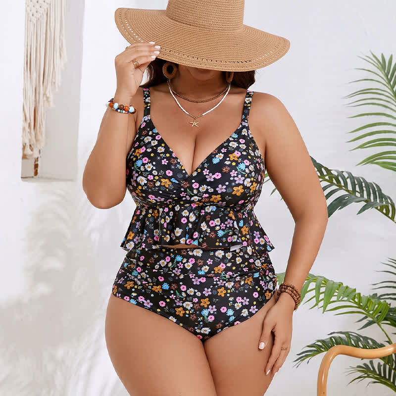 Ensemble tankini péplum à fleurs noires - image 1