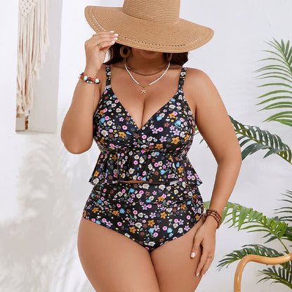 Ensemble tankini péplum à fleurs noires - image 1