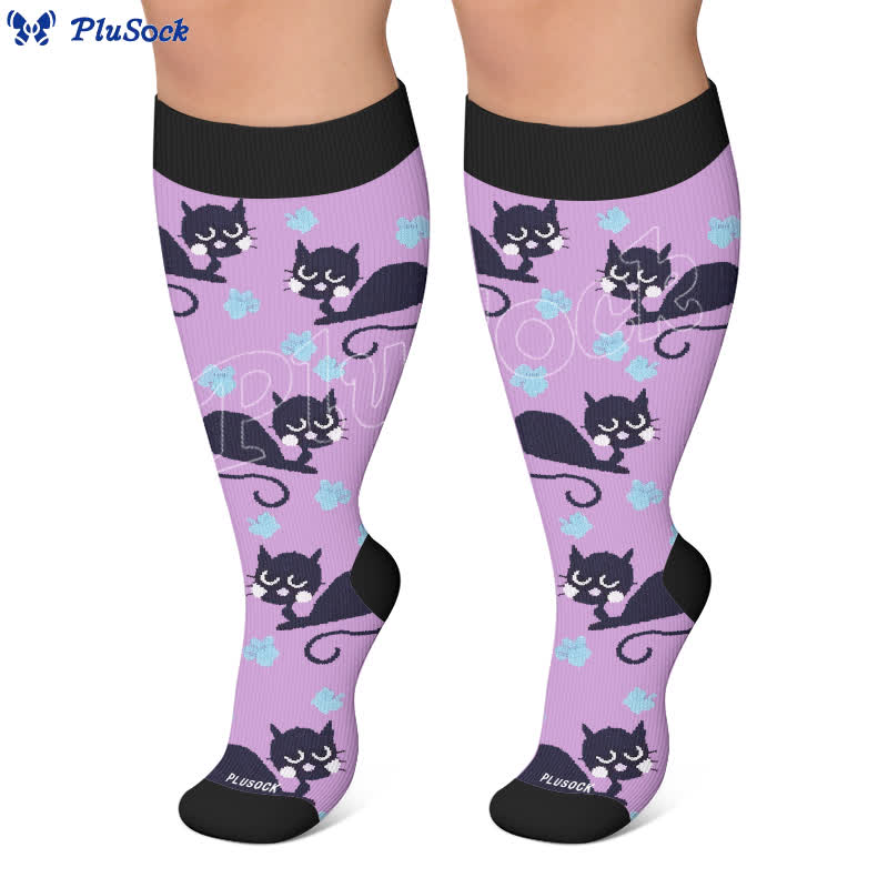 Chaussettes de compression grandes tailles à rayures roses et chat - image 4