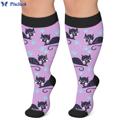 Chaussettes de compression grandes tailles à rayures roses et chat - image 4
