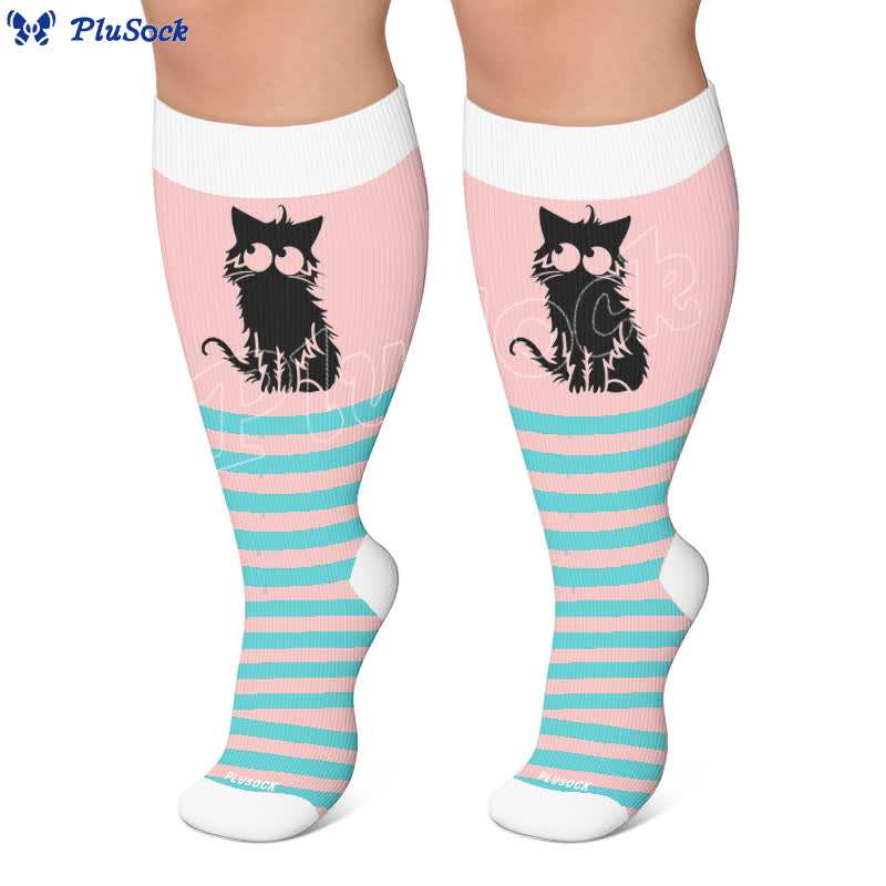 Chaussettes de compression grandes tailles à rayures roses et chat - image 5