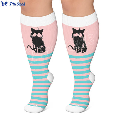 Chaussettes de compression grandes tailles à rayures roses et chat - image 5