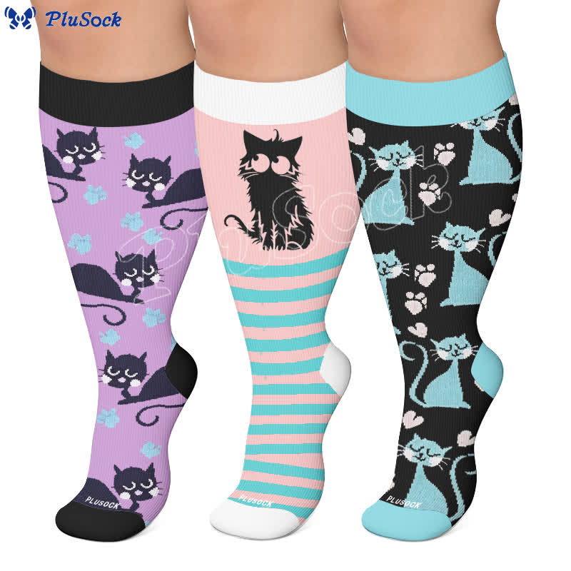 Chaussettes de compression grandes tailles à rayures roses et chat - image 0