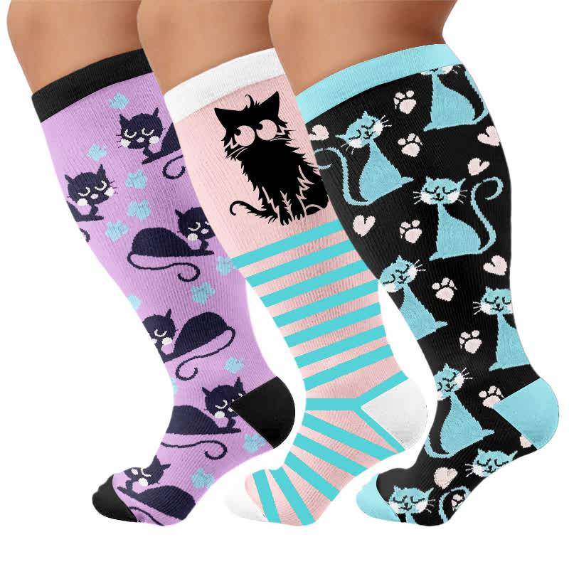 Chaussettes de compression grandes tailles à rayures roses et chat - image 7