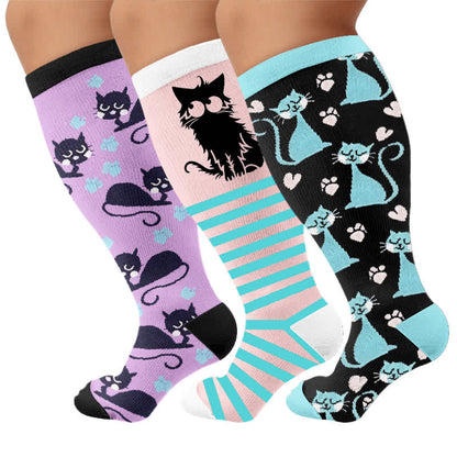 Chaussettes de compression grandes tailles à rayures roses et chat - image 7