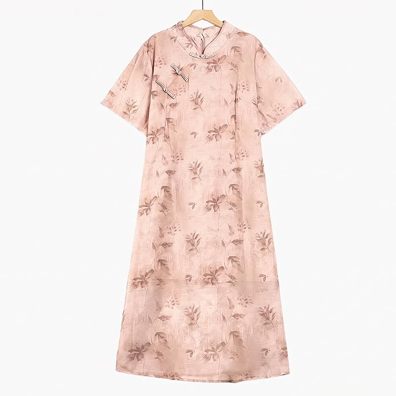 Robe midi à manches courtes et col mandarin fleuri - Rose - 6XL - image 0