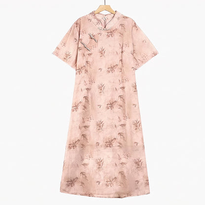 Robe midi à manches courtes et col mandarin fleuri - Rose - 6XL - image 0