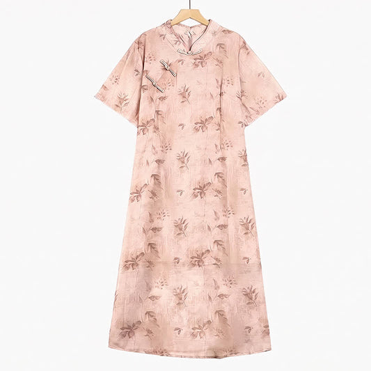 Robe midi à manches courtes et col mandarin fleuri - Rose - 6XL - image 0