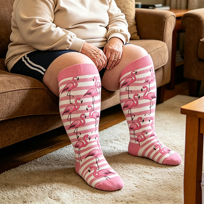 Chaussettes de compression à rayures flamant rose grande taille - Rose - 4XL - image 2