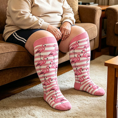 Chaussettes de compression à rayures flamant rose grande taille - Rose - 4XL - image 2