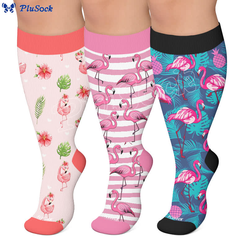 Chaussettes de compression à rayures flamant rose grande taille - image 0