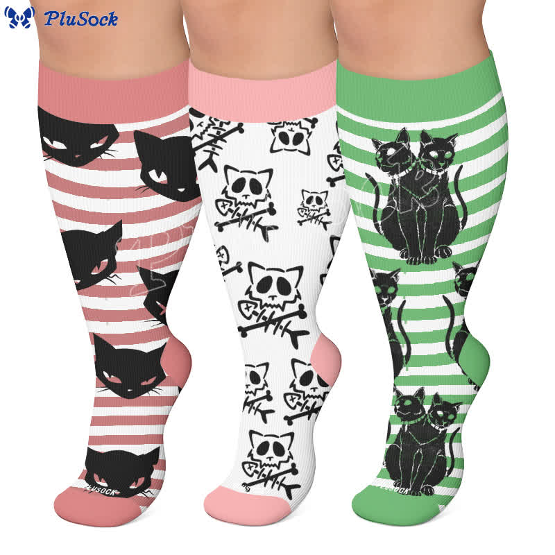 Chaussettes de compression grandes tailles à rayures vertes chat - image 0