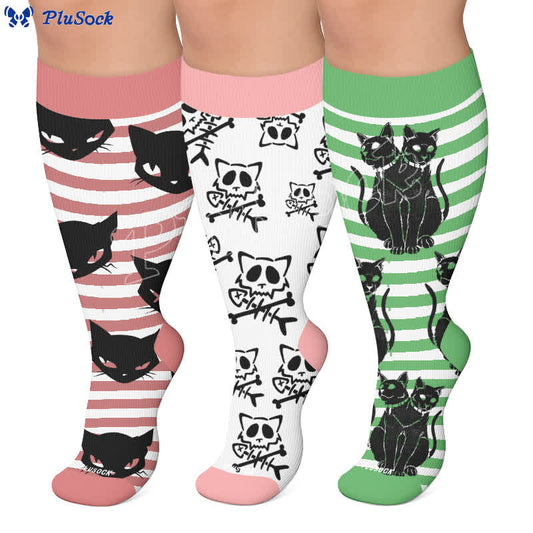 Chaussettes de compression grandes tailles à rayures vertes chat - image 0