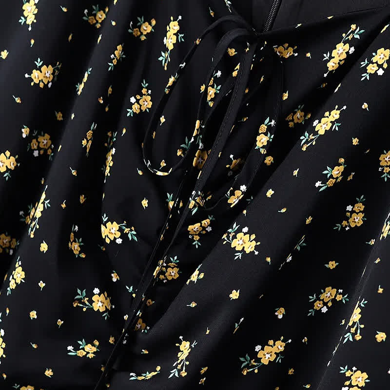 Robe midi grande taille à petits fleurs, col à nouer et ourlet à volants - image 3