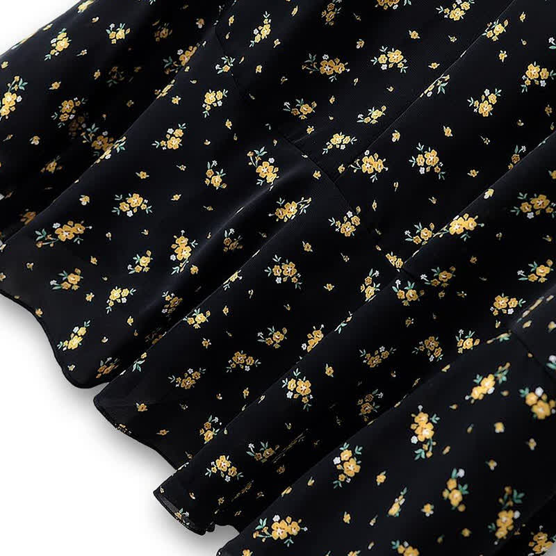 Robe midi grande taille à petits fleurs, col à nouer et ourlet à volants - image 4