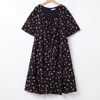 Robe midi grande taille à petits fleurs, col à nouer et ourlet à volants - Noir - 6XL - image 0