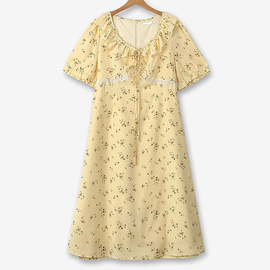 Robe midi vintage grande taille à petits motifs floraux et col à nouer - Jaune - 6XL - image 0