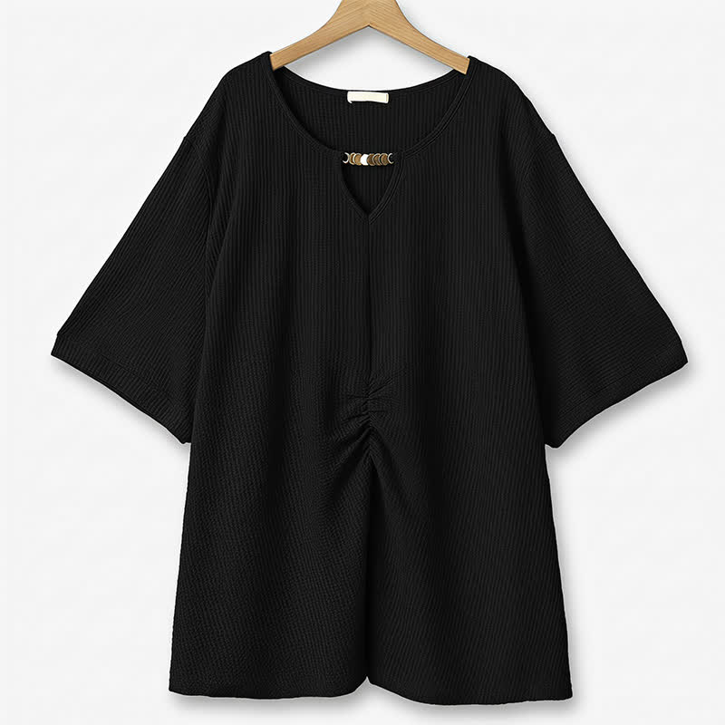 Tunique froncée à encolure en trou de serrure texturée grande taille - Noir - 6XL - image 7