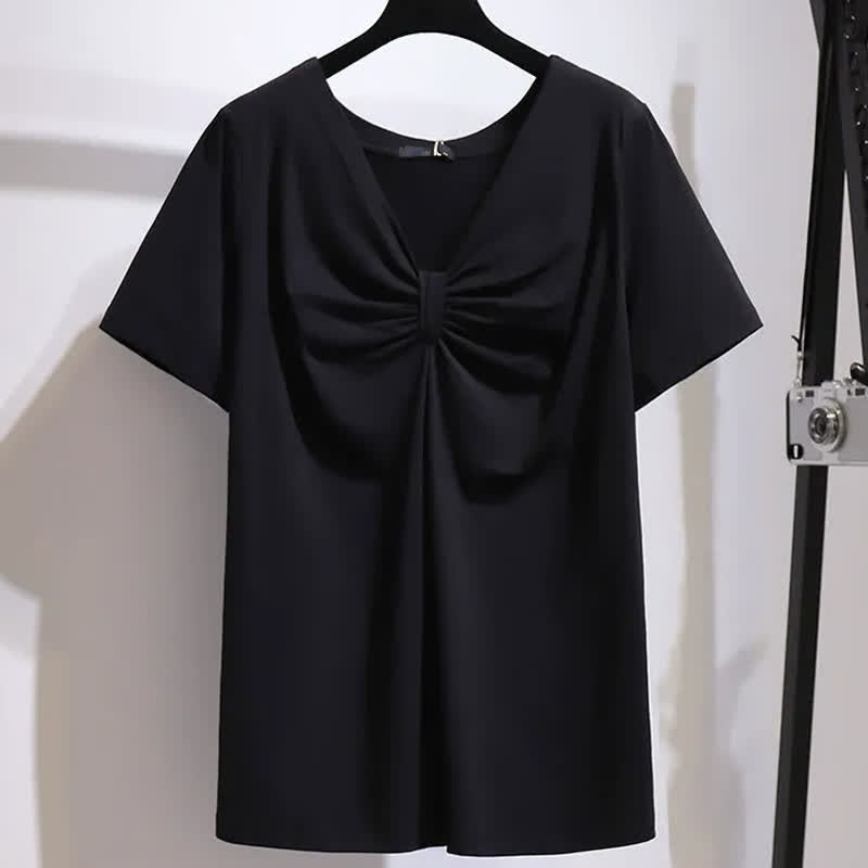 Blouse grande taille en coton stretch à col V torsadé sur le devant - image 1