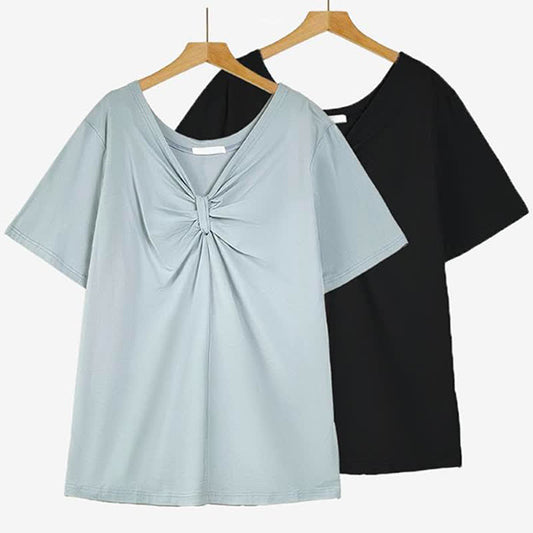 Blouse grande taille en coton stretch à col V torsadé sur le devant - image 0