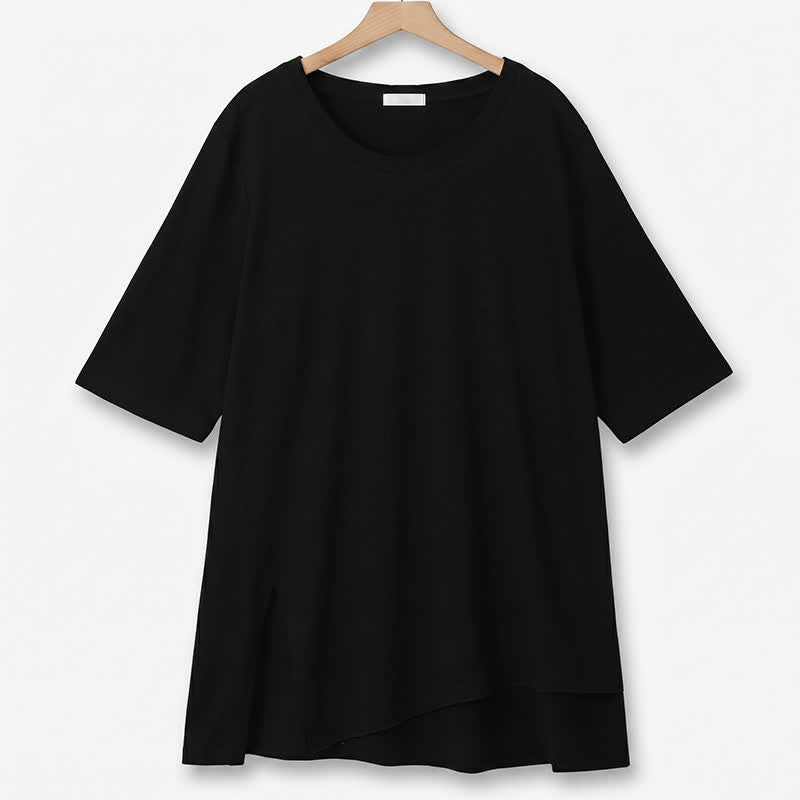 T-shirt grande taille en coton stretch à ourlet fendu - Noir - 6XL - image 5