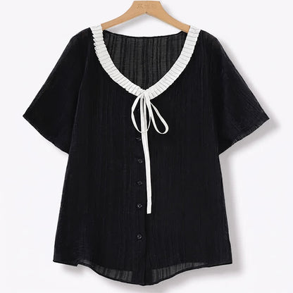 Haut à volants et col noué grande taille - Noir - 6XL - image 0
