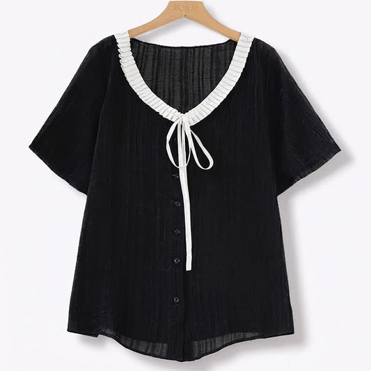 Haut à volants et col noué grande taille - Noir - 6XL - image 0