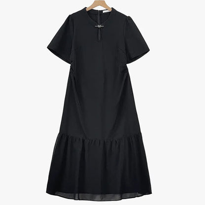 Robe midi élégante grande taille à col en V et ourlet à volants - Noir - 6XL - image 0