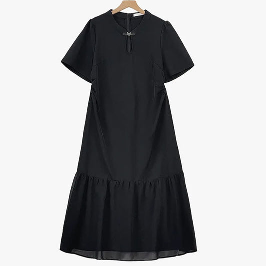 Robe midi élégante grande taille à col en V et ourlet à volants - Noir - 6XL - image 0