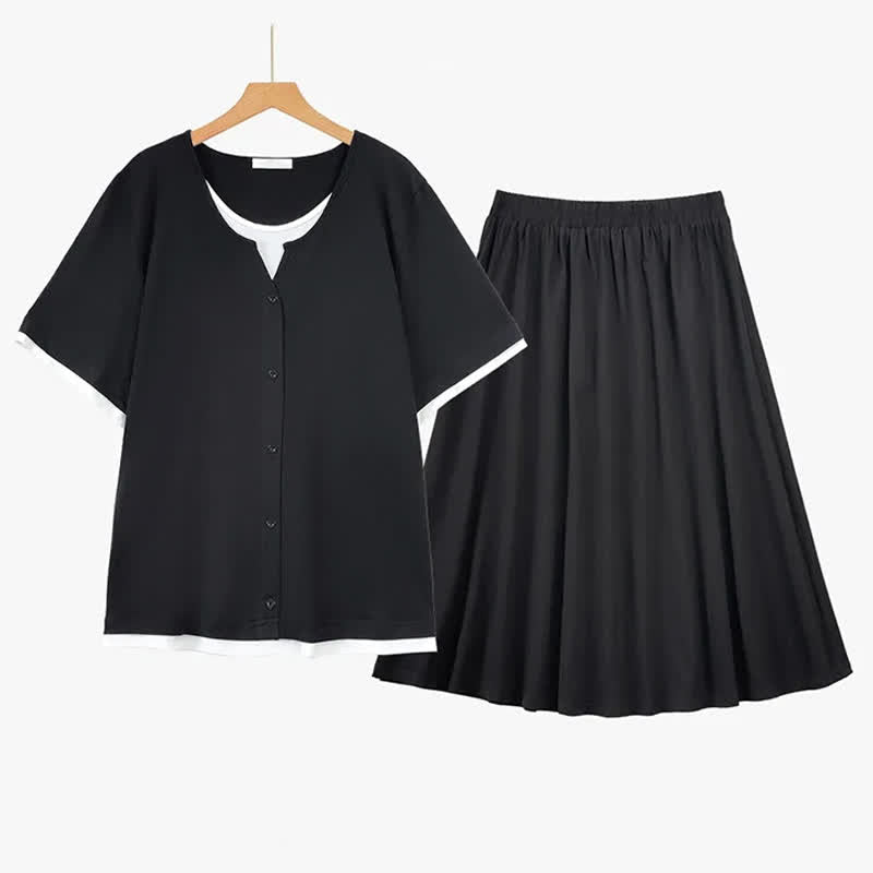 Ensemble jupe et haut en mélange de coton doux avec bordure contrastée - Noir - 6XL - image 5
