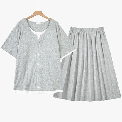 Ensemble jupe et haut en mélange de coton doux avec bordure contrastée - Gris - 6XL - image 6