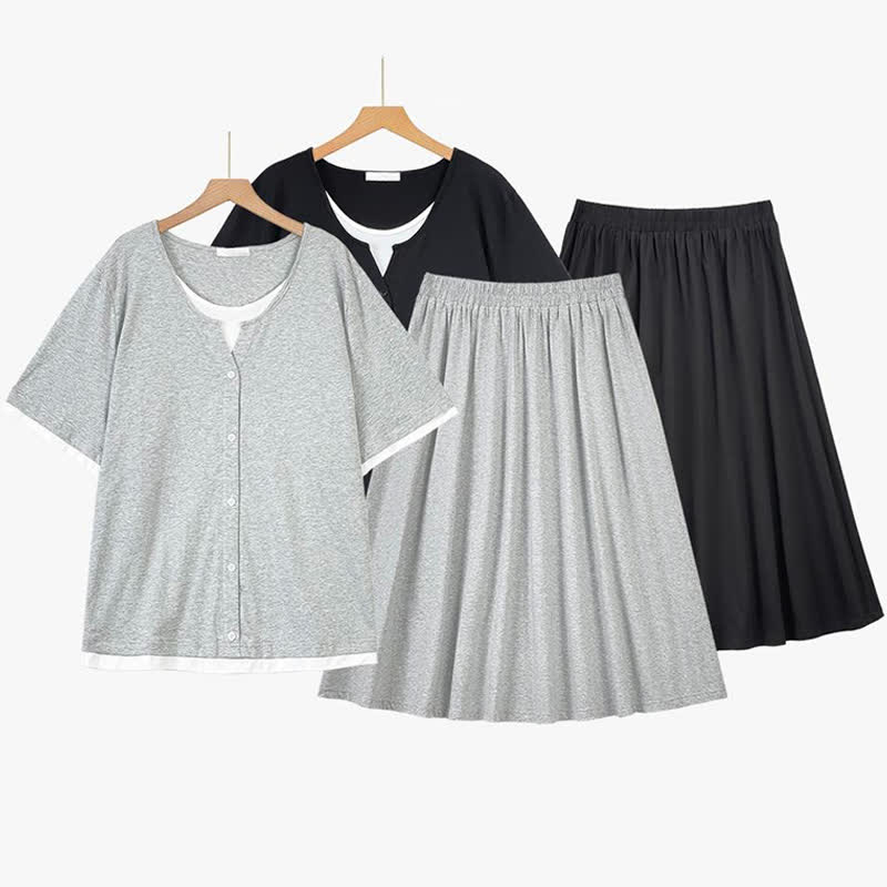Ensemble jupe et haut en mélange de coton doux avec bordure contrastée - image 0