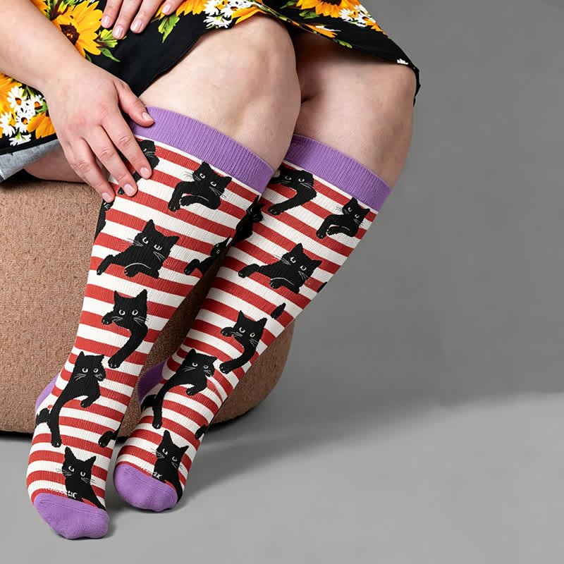 Chaussettes de compression grandes tailles à rayures rouges chat - Violet - 4XL - image 2