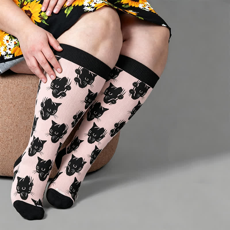 Chaussettes de compression grandes tailles à rayures rouges chat - Noir - 4XL - image 3