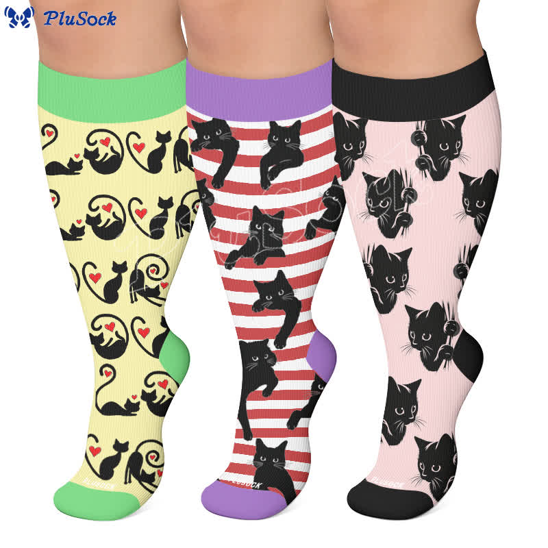 Chaussettes de compression grandes tailles à rayures rouges chat - image 0