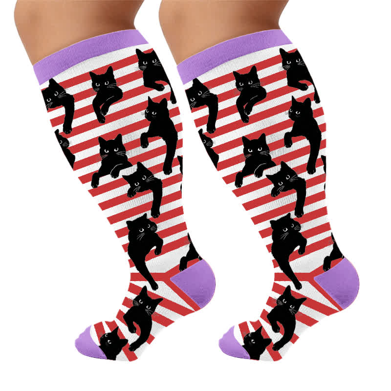 Chaussettes de compression grandes tailles à rayures rouges chat - image 9