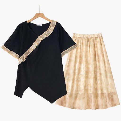 Ensemble haut asymétrique à volants et jupe midi fluide grande taille - Ensemble de 2 pièces - 6XL - image 0