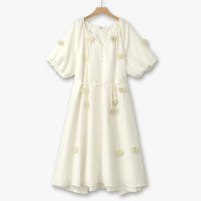 Robe midi ivoire à franges et taille nouée, style bohème doux - Blanc - 6XL - image 0
