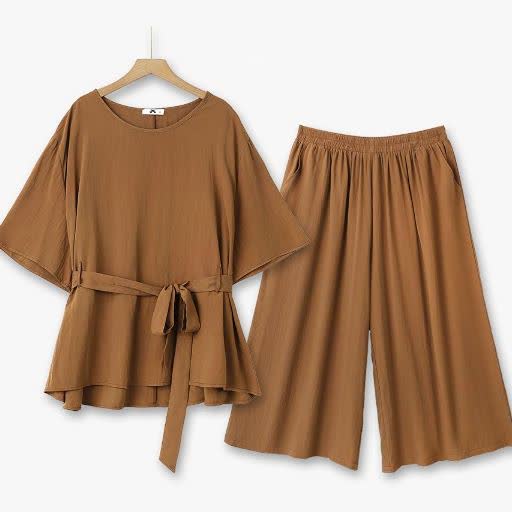 Ensemble haut décontracté ceinturé et pantalon à jambes larges et poches - Ensemble de 2 pièces - 6XL - image 0