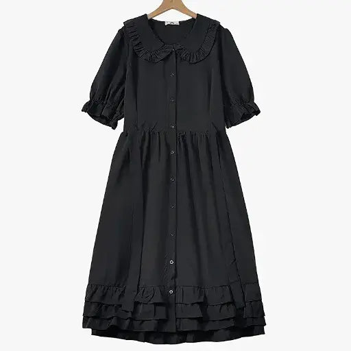 Robe midi grande taille à col volanté et boutons sur le devant - Noir - 6XL - image 0