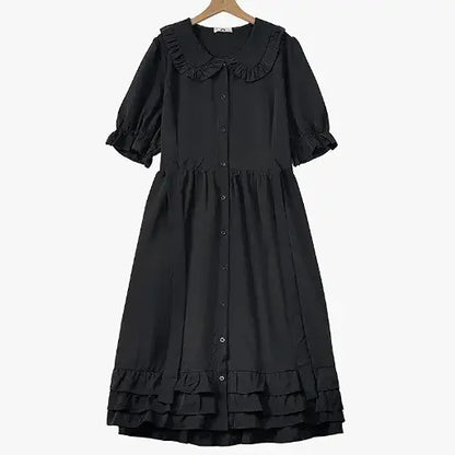 Robe midi grande taille à col volanté et boutons sur le devant - Noir - 6XL - image 0