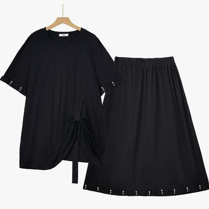 Ensemble jupe midi à manches courtes froncées et nœud latéral grande taille - Ensemble de 2 pièces - 6XL - image 0