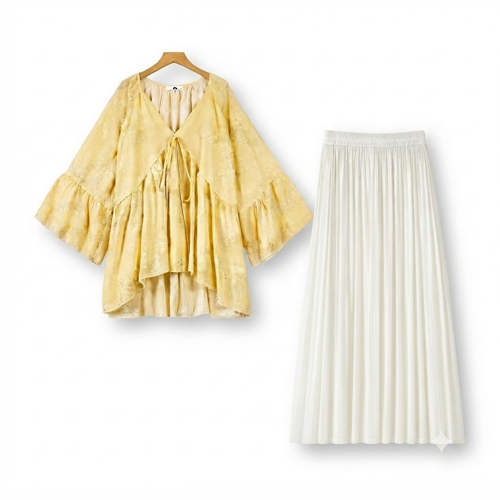 Ensemble jupe maxi et haut cape jaune à fleurs grande taille - Ensemble de 2 pièces - 6XL - image 0