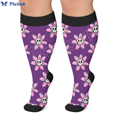 Chaussettes de compression roses à tête de mort et marguerite grande taille - image 4